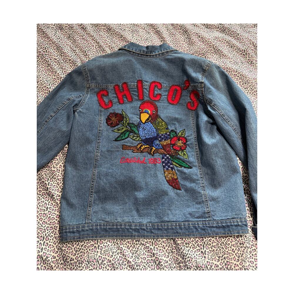 Vintage Chico's Women's Jean Jacket SZ 1 Beaded Embroidered Parrot Silk inside